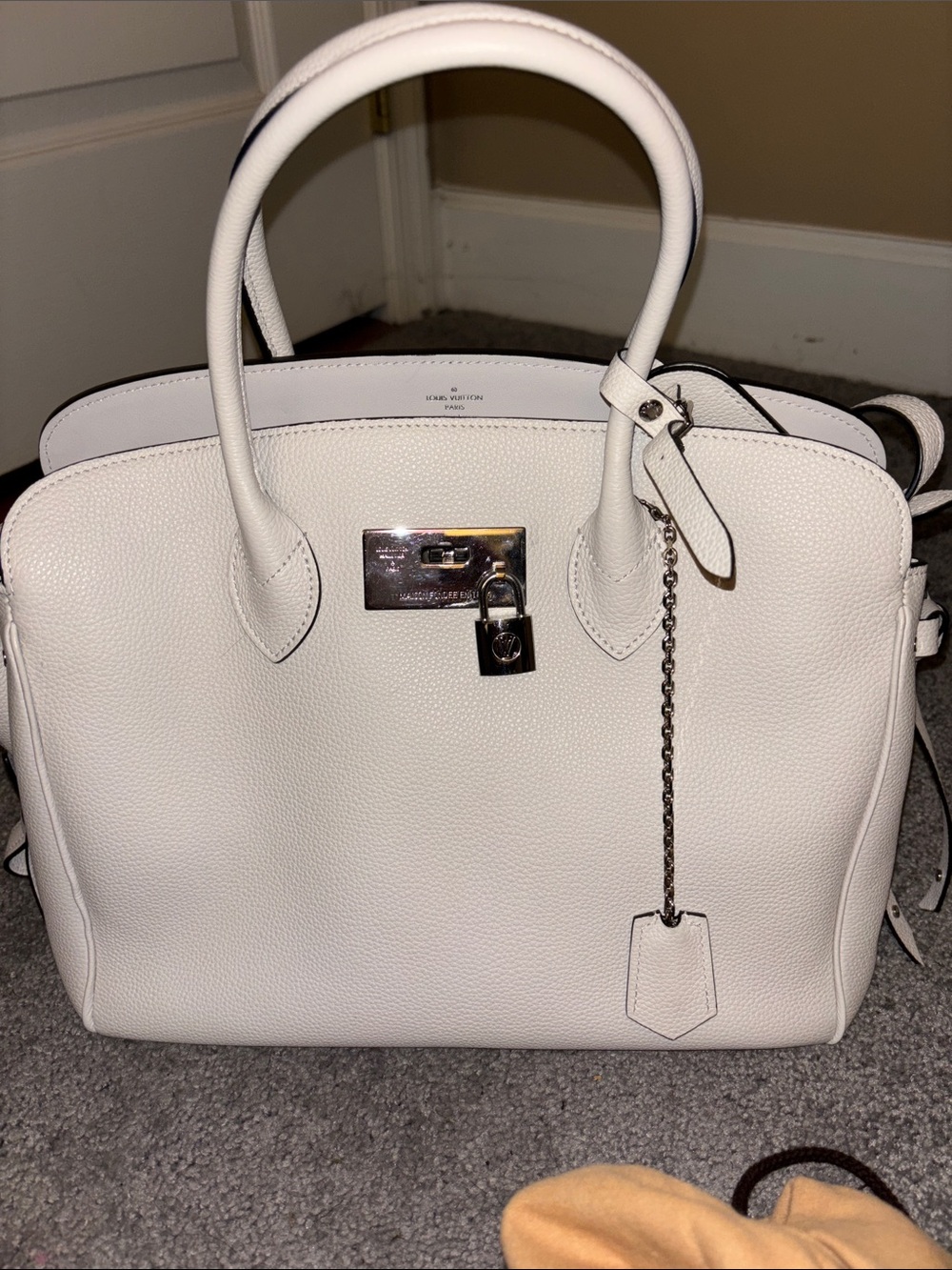 Louis Vuitton White Leather Satchel Handbag with Lock Detail - Women Bags